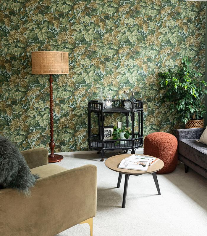 living room with botanical wallpaper