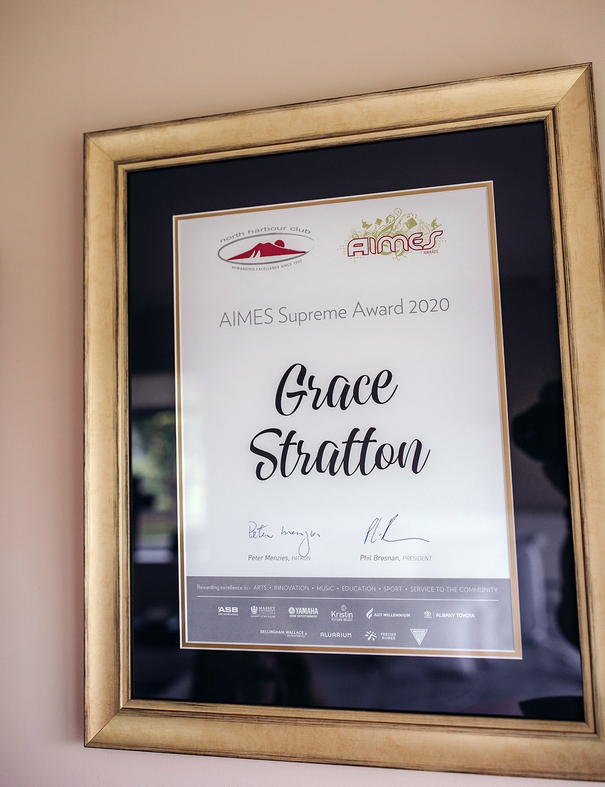 Grace Stratton's AIMES Supreme Award in 2020 framed certificate