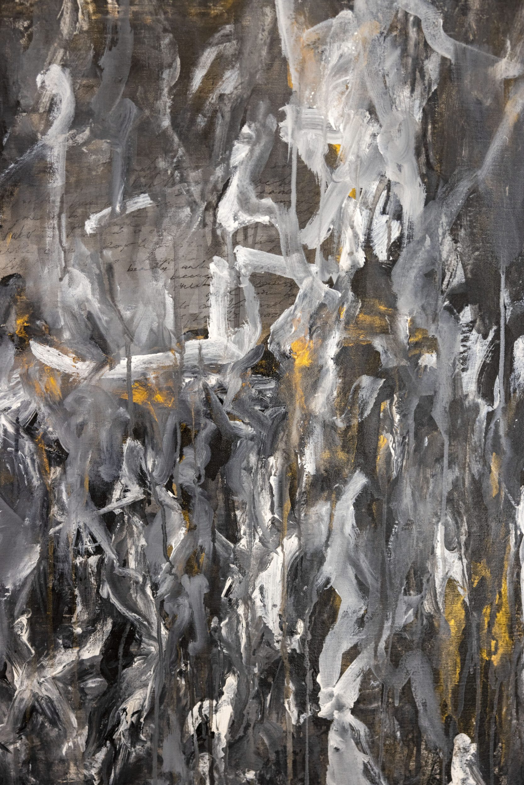 Abstract black, white, grey and yellow painting by Zara Renton