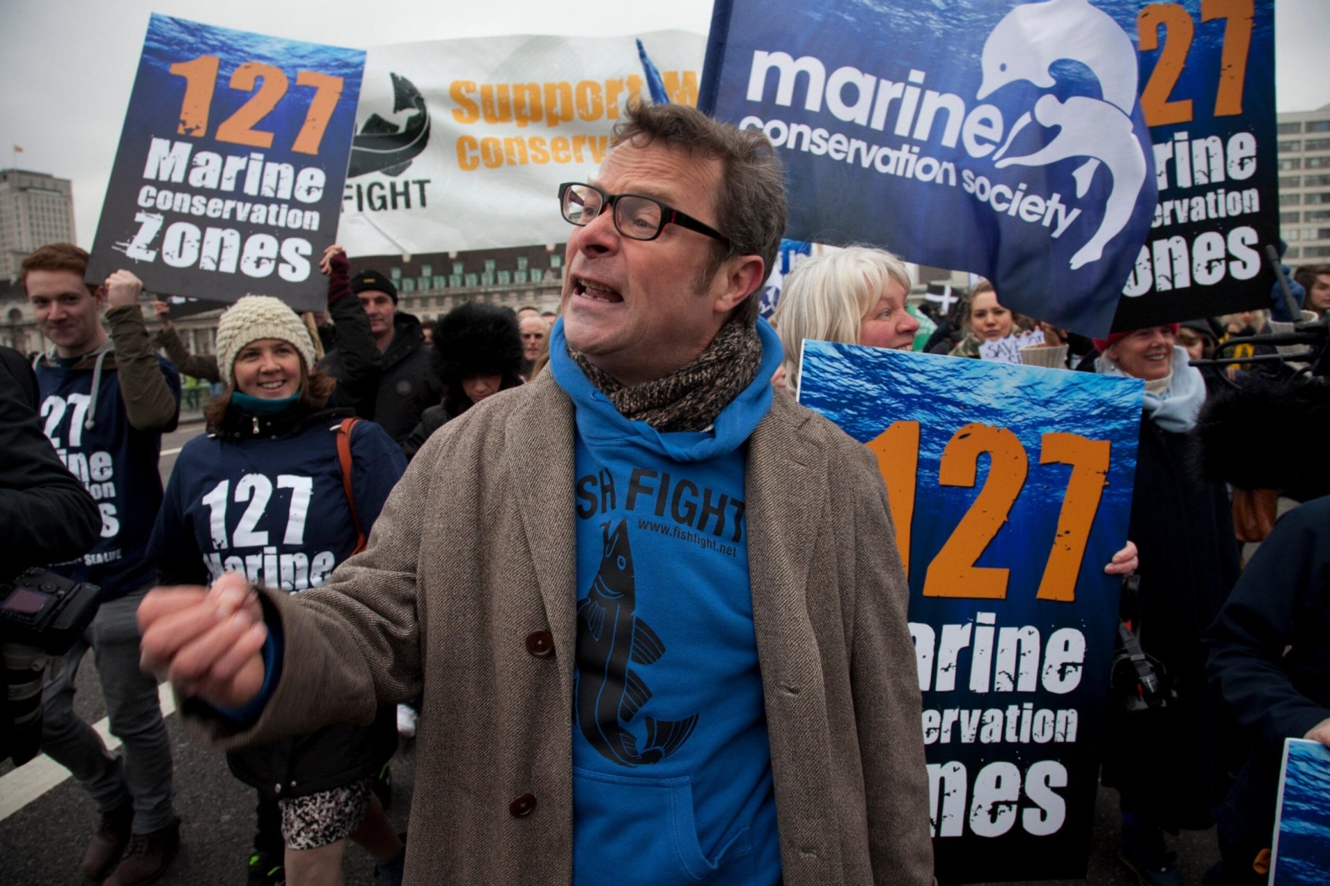 Hugh Fearnley-Whittingstall leading a protest march