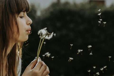 Side profile of woman blowing on dandelion