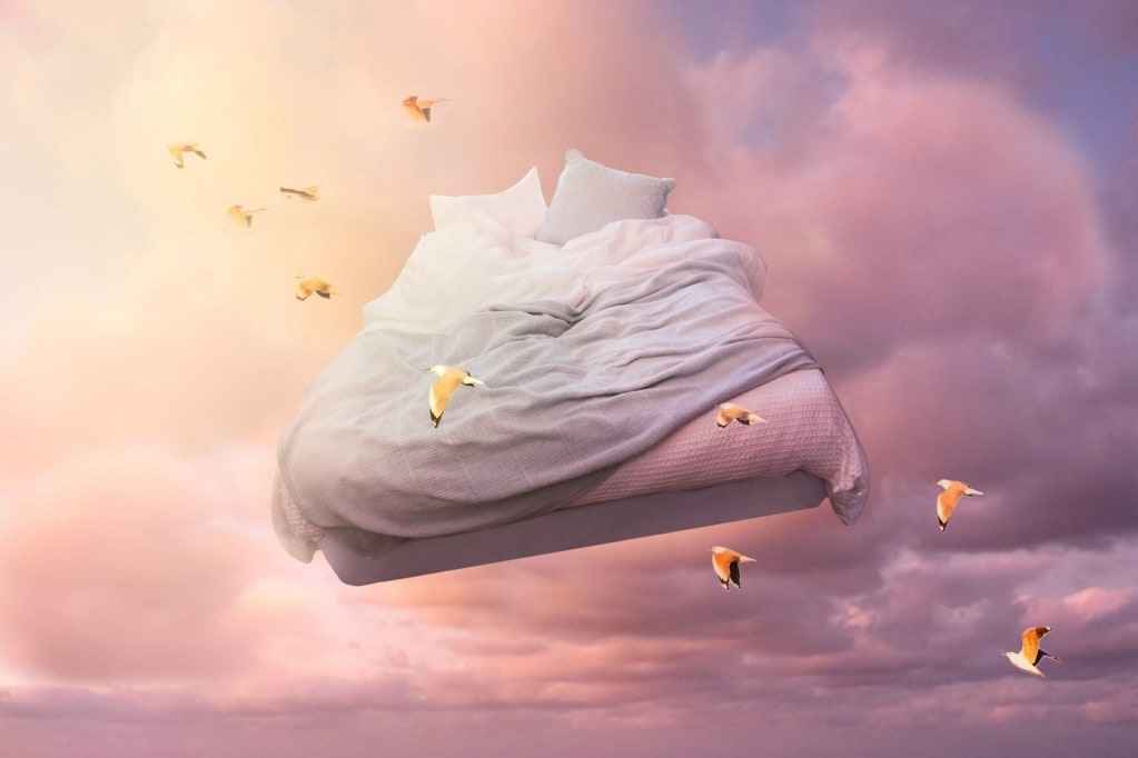 Bed floating in the clouds with birds flying by
