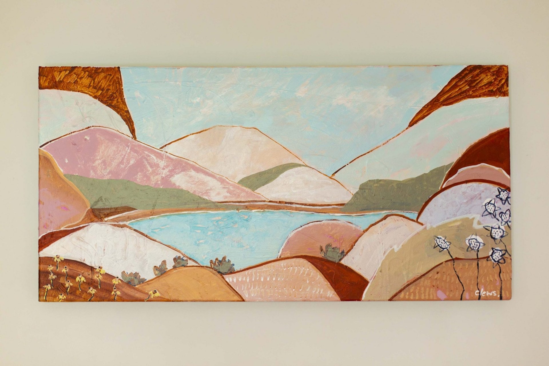 An artwork depicting mountain ranges by Brenda Clews