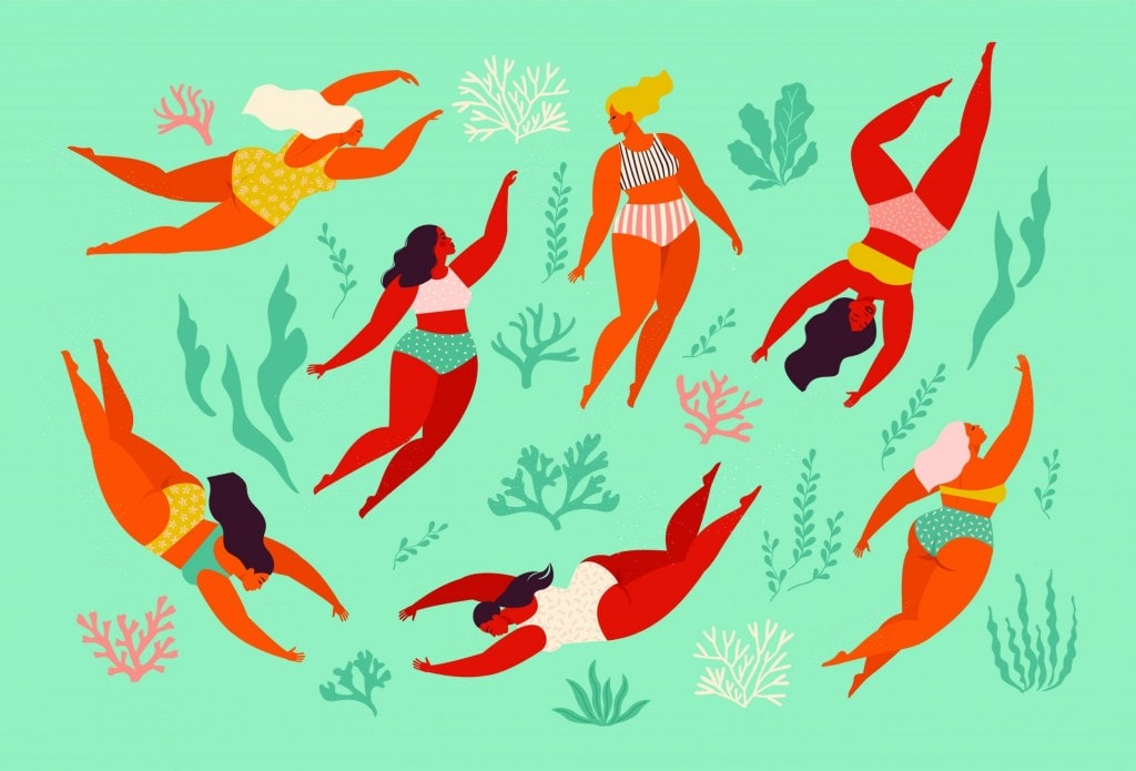 Illustration of women swimming in ocean surrounded by seaweed