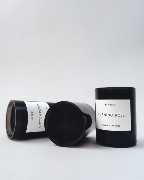 A selection of the Byredo candles- they are modern and black with a white label. 
