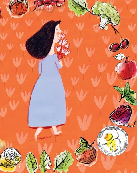 Illustration of woman wearing blue dress surrounded by fruits and vegetables