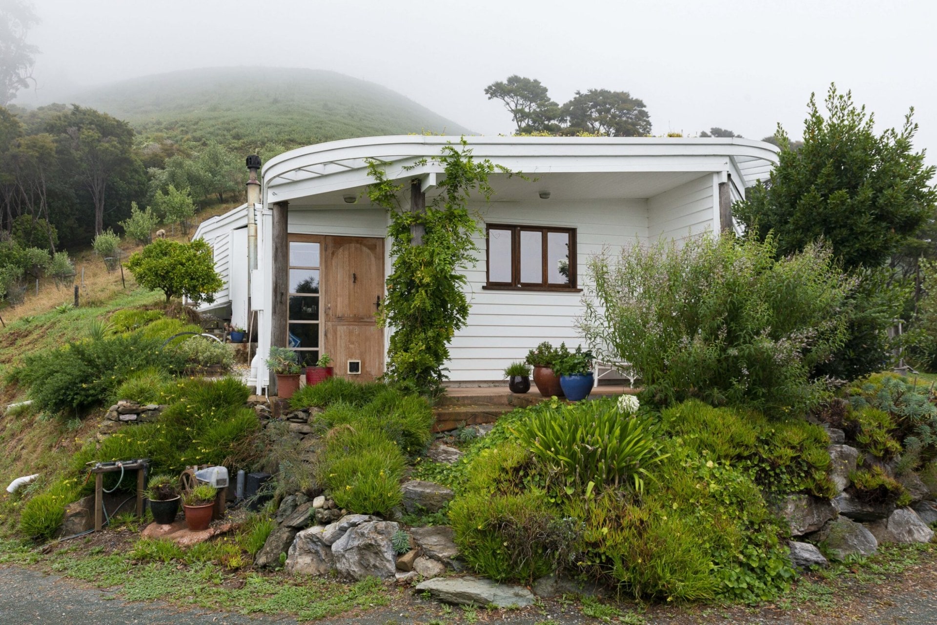 A white house set in a hillside surrounded by bush and greenery