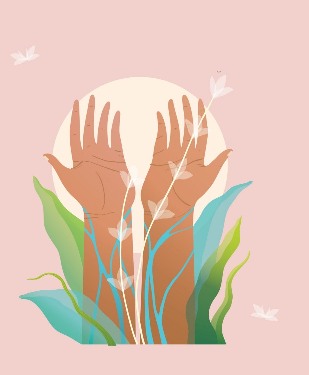 Illustration of hands reaching to the skies while surrounded by nature
