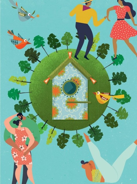 Illustration of a green planet surrounded by nature and people doing activities