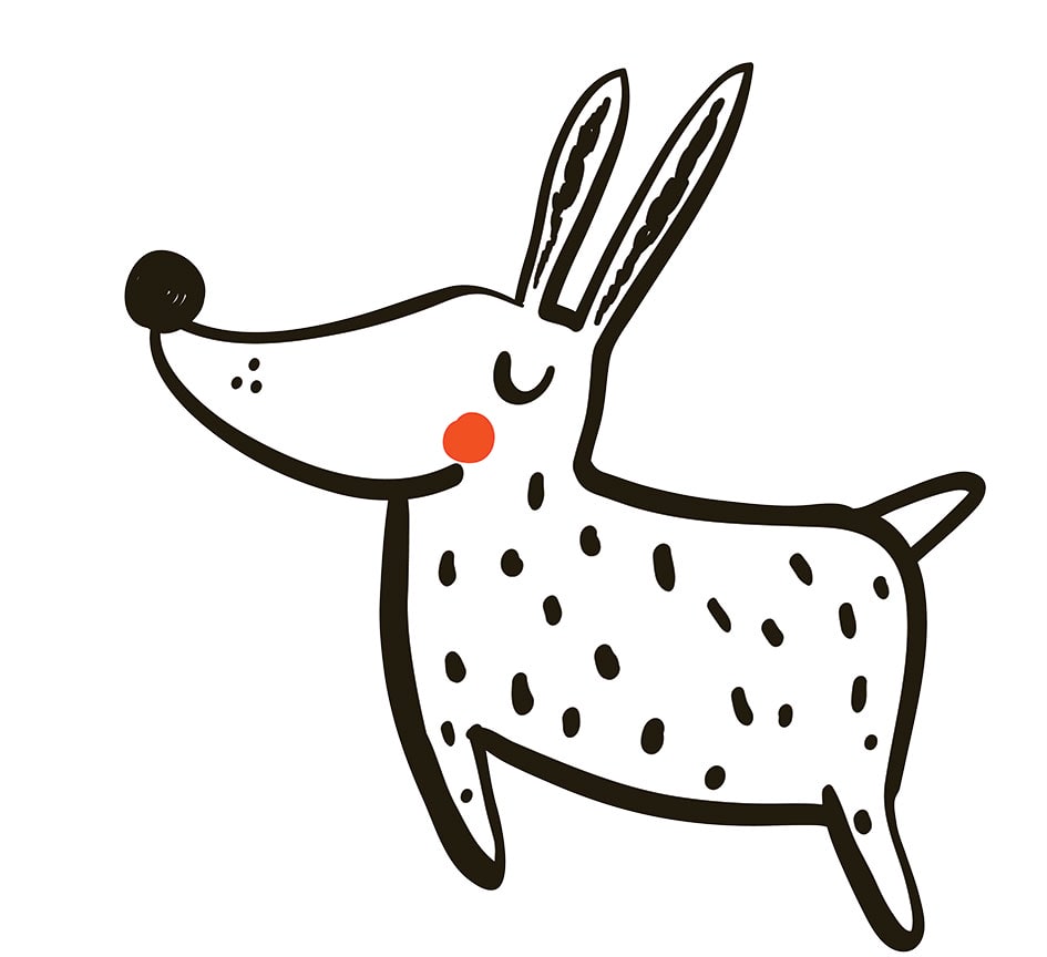 Spotted black and white dog illustration with red cheek