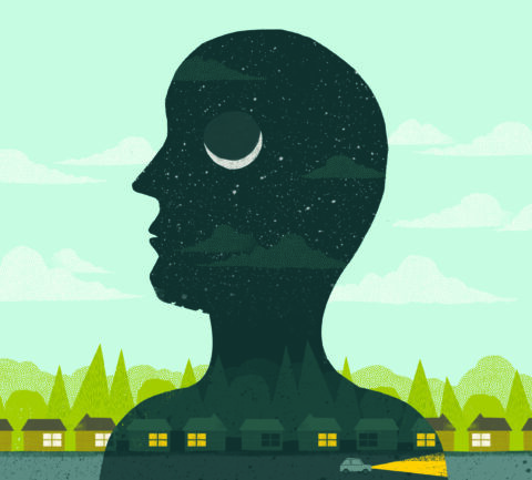 Illustration of man's head outline with night skies and moon behind him