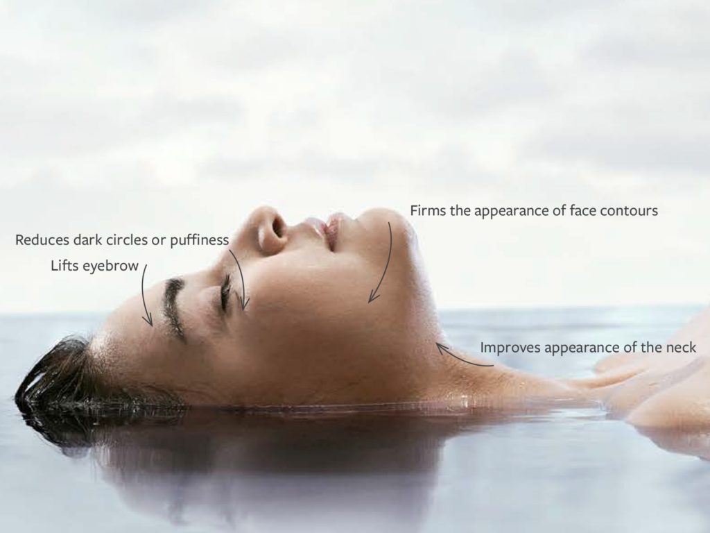 The side profile of a woman lying in water with gua sha massage instructions overlaid