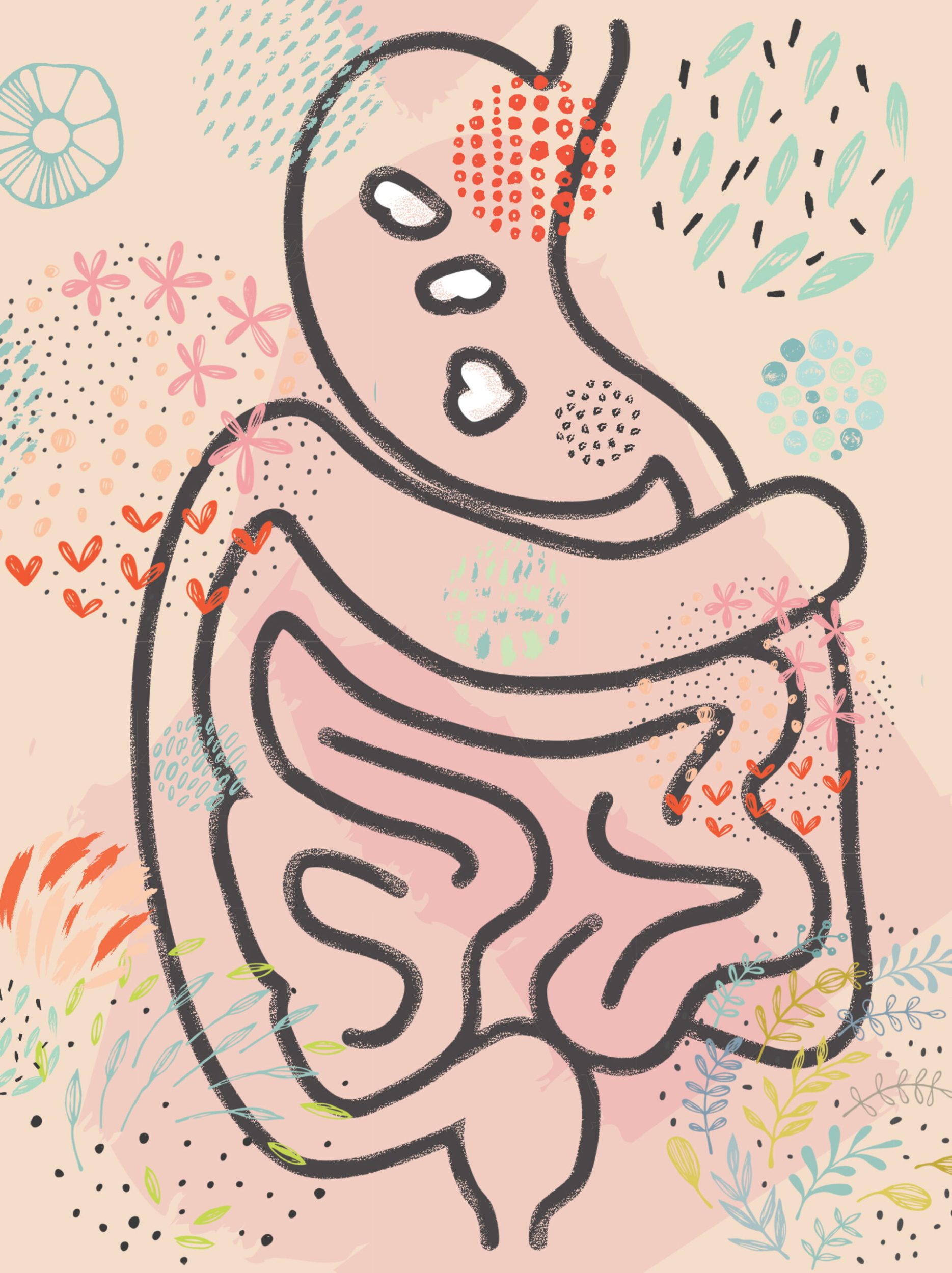 Illustration of an intestine surrounded by drawings of flowers, hearts and leaves