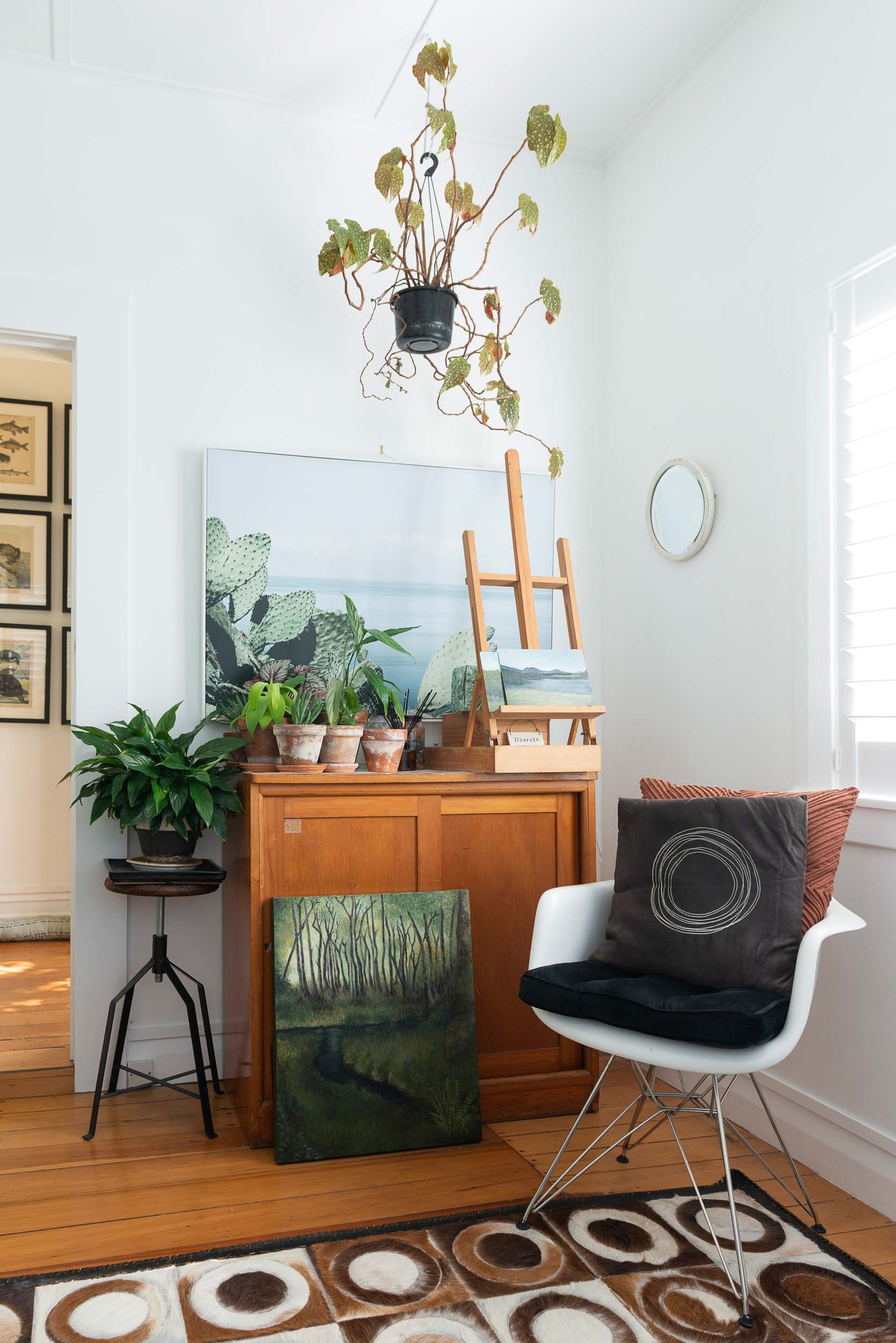 A vintage timber cupboard that houses paint. On top is several houseplants and an easel.