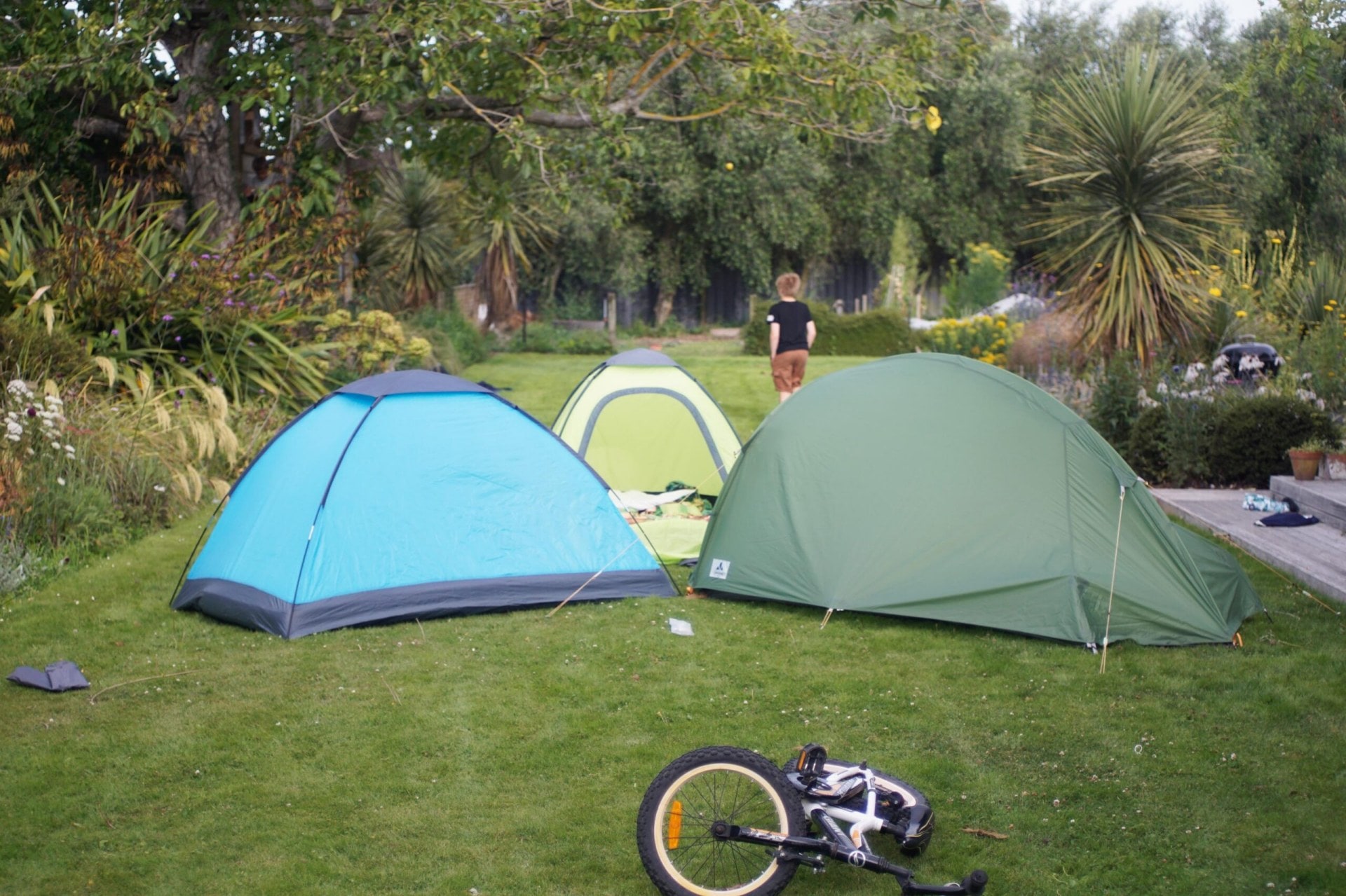 Three tents pitched on a lawn.