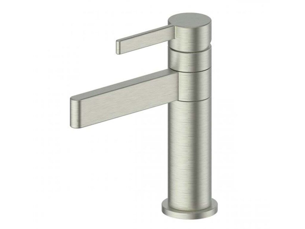 Greens Tapware Glint basin mixer in brushed nickel, $458 from Plumbing Plus.