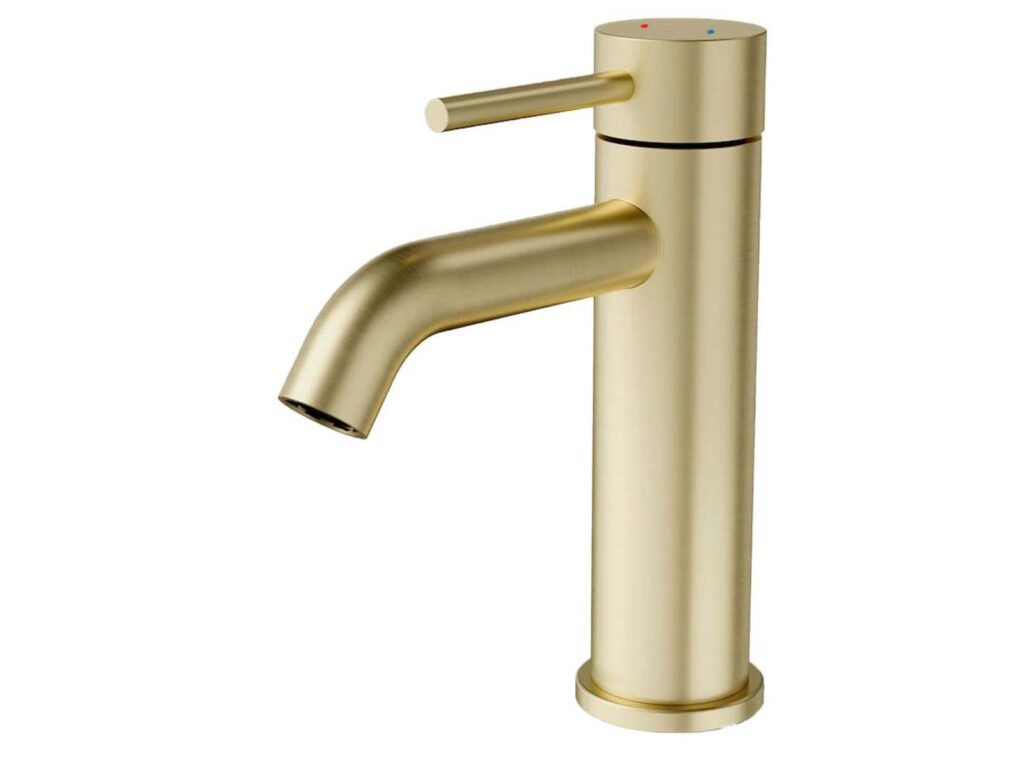 Vogue linear basin mixer in brushed brass, $169 from Trade Depot.