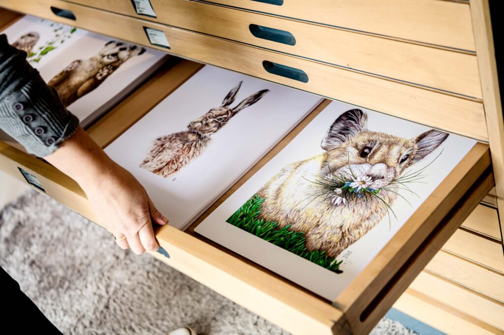 Nikki's artwork stored in drawers in her studio