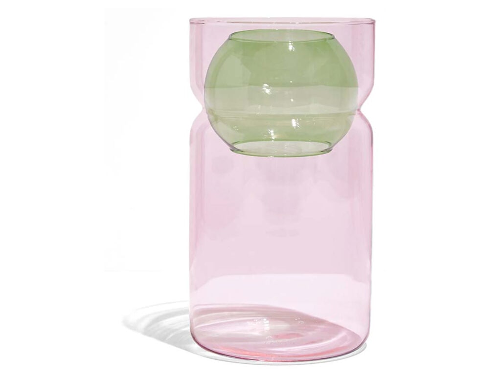 Fazeek Balance Vase in pink with green sphere, $149 from The Axe.