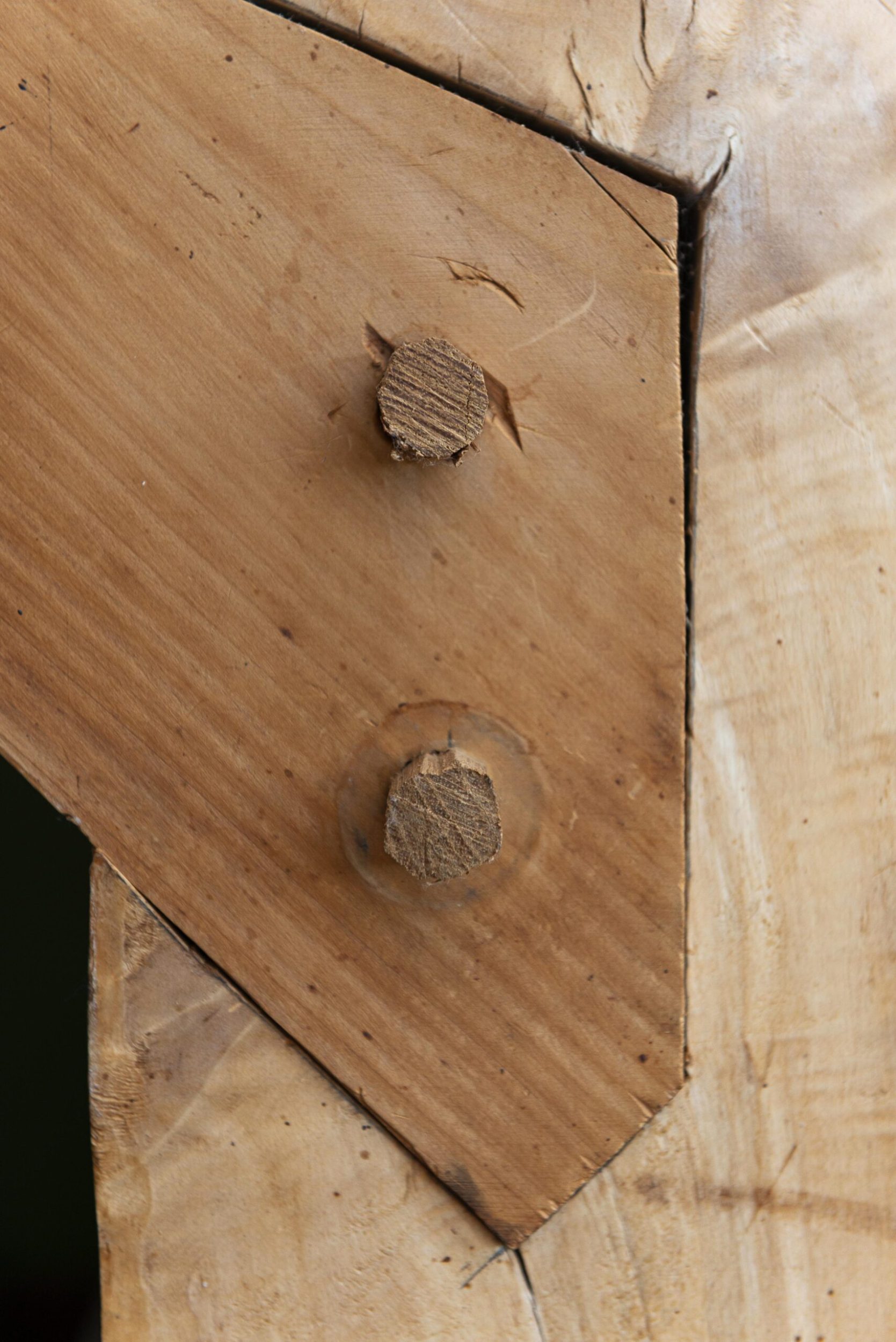 A close up of a timber joinery using treenails