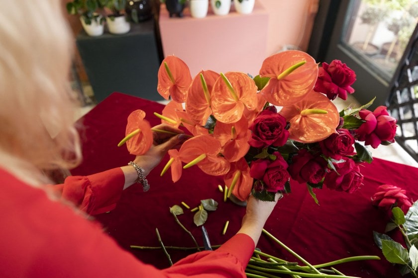 red and orange flowers placed in a vase