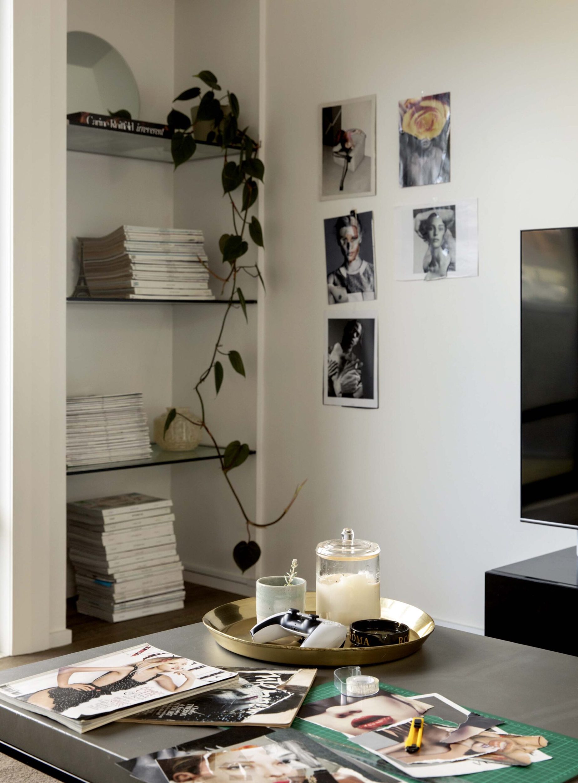 Magazines adorning Guy Coombes apartment walls