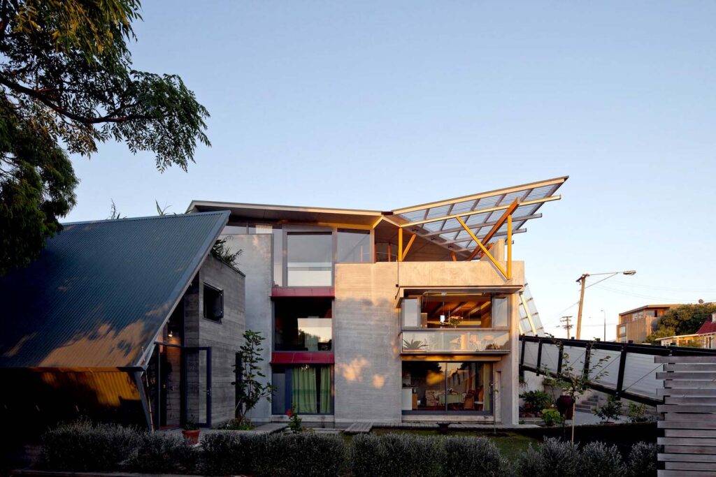 Architecturally designed home with an angled roof