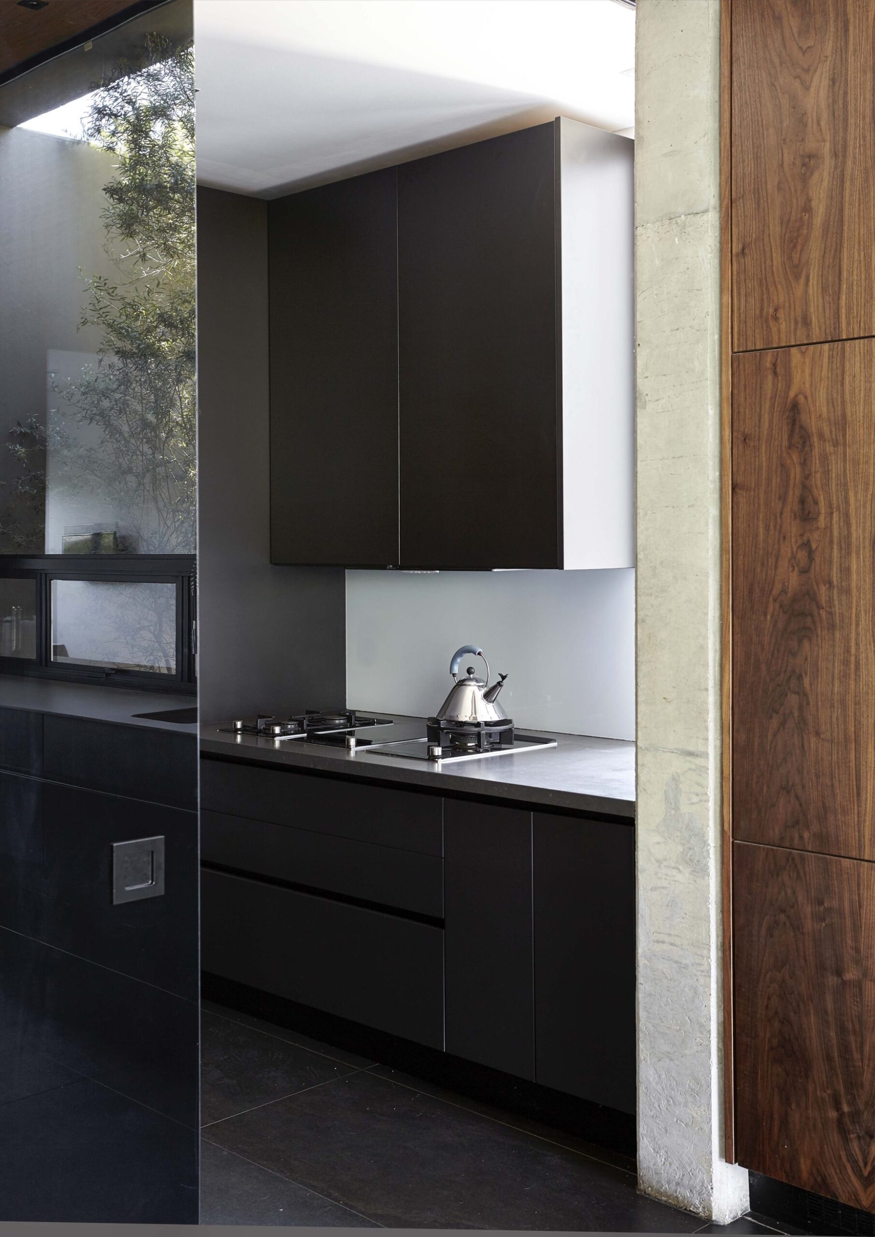 A black kitchen with shiny black shelves