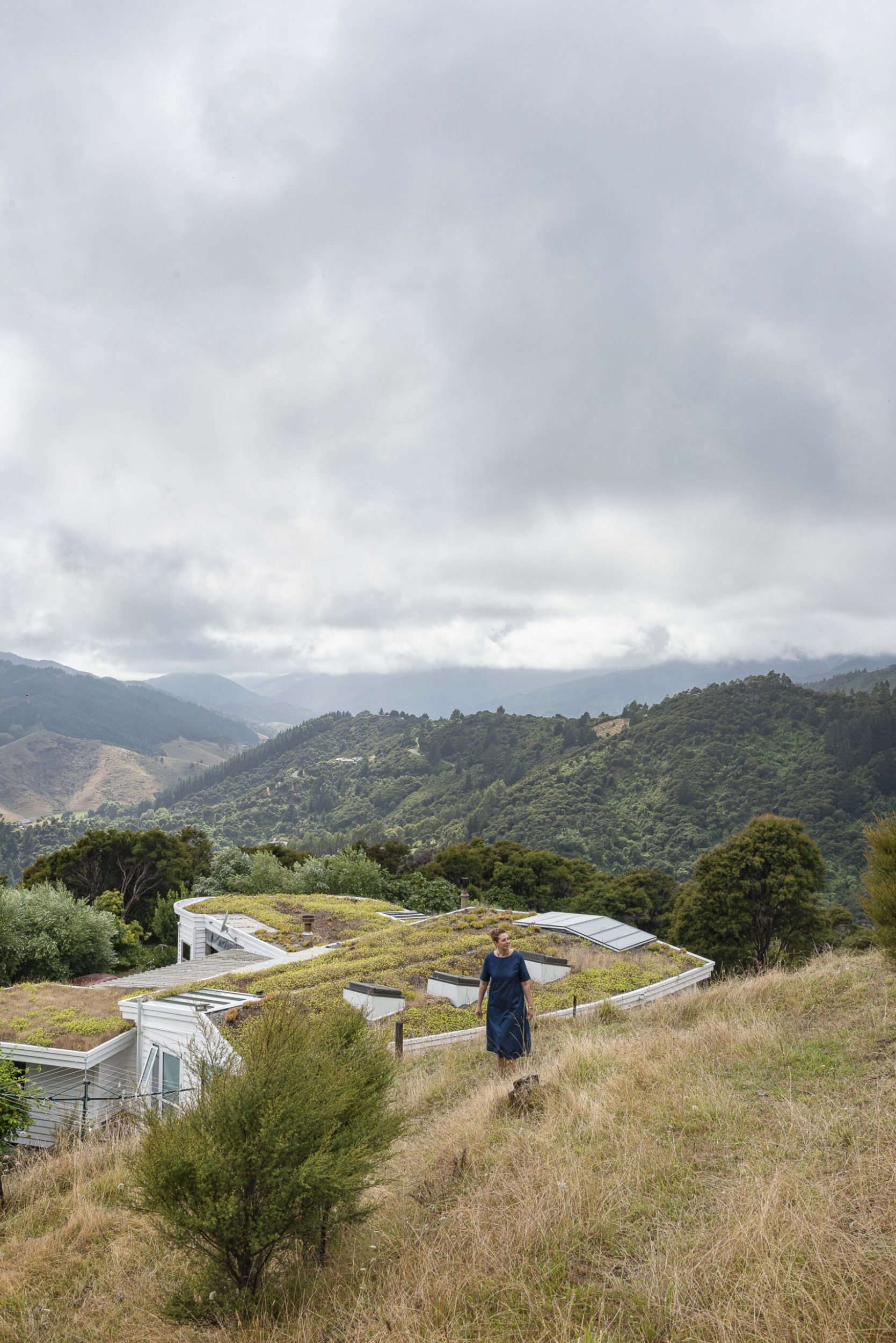 Serena Buonaguidi-Haynes standing on top of her home in the hills and covered by succulents and grasses