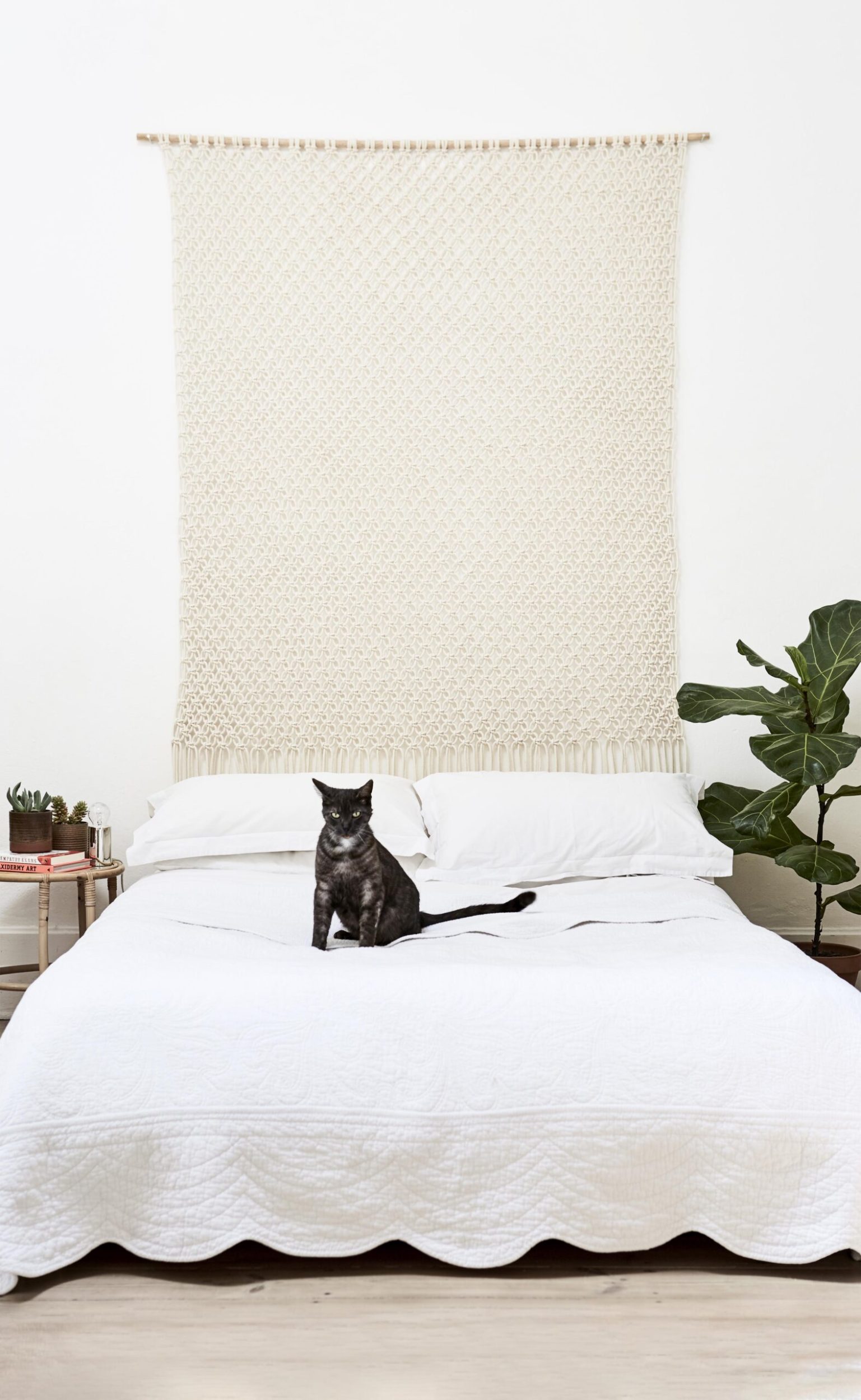 White bed with a cat sitting on it and a macramé wall tapestry hanging behind it