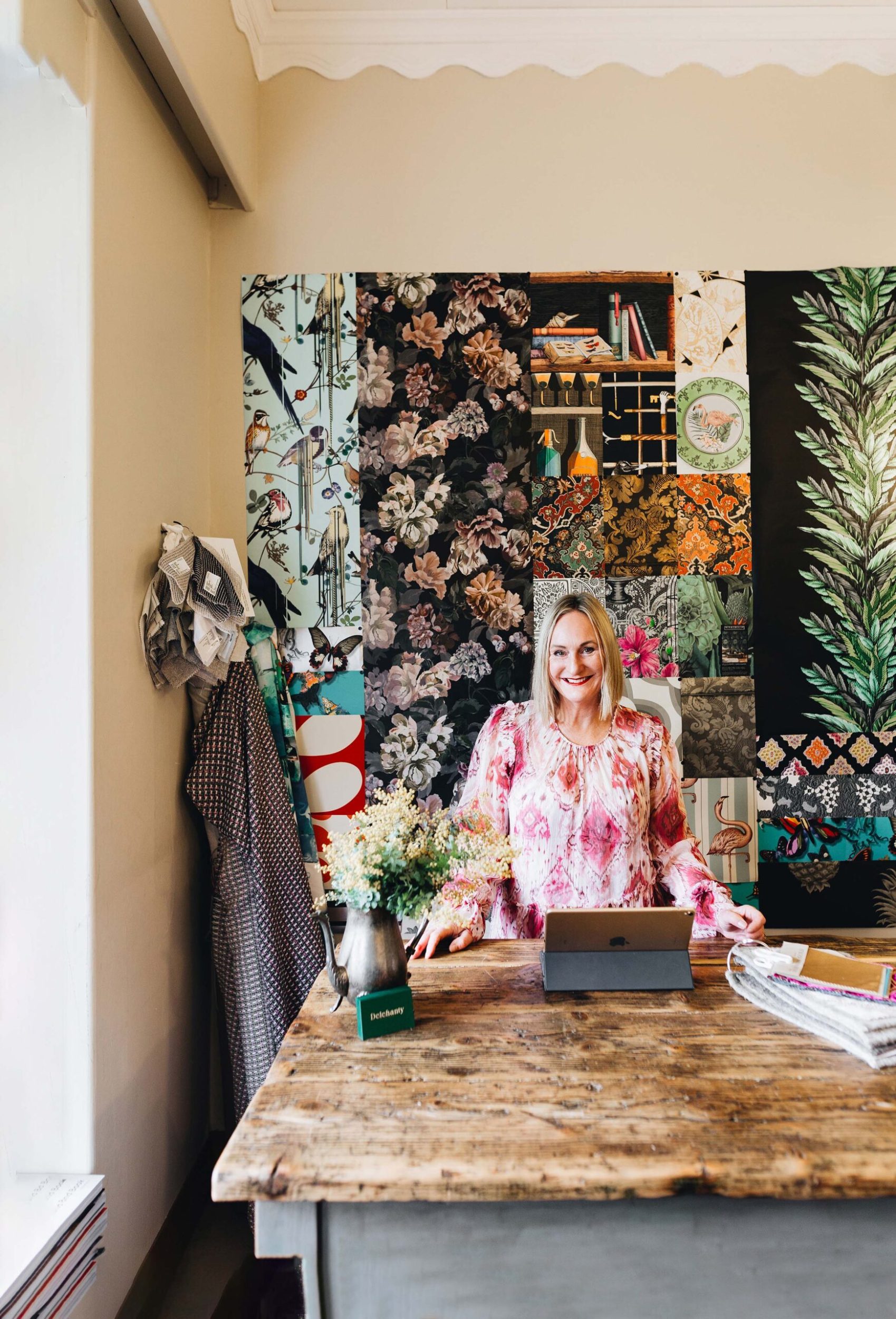Karen Delehanty in her living room turned HQ for her design business