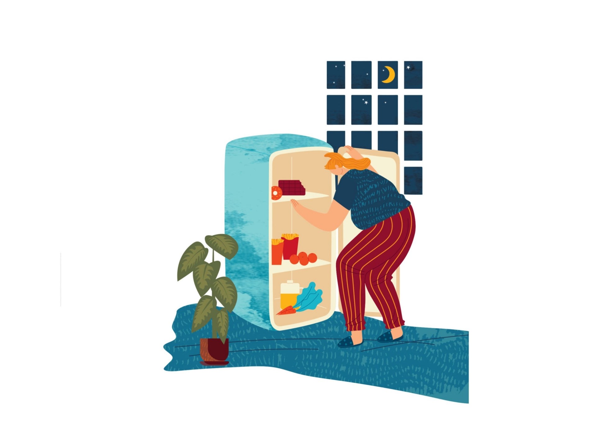 Illustration of women looking in fridge at night