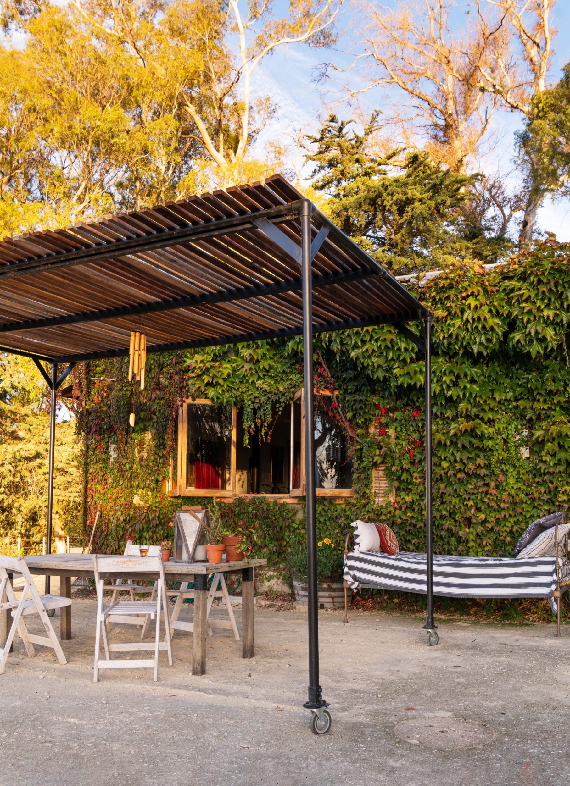 The exterior of a single story house covered by creeping ivy