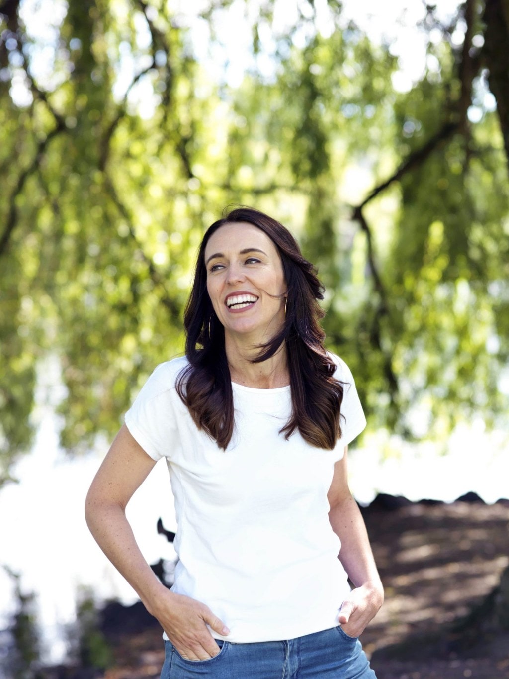 Jacinda Ardern wearing white t shirt and blue jeans