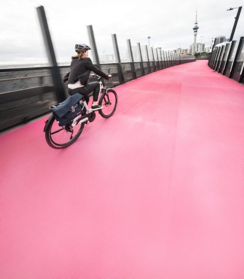 Claire Turnbull riding on Nelson Street Cycleway in Auckland