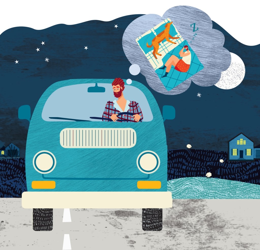 Illustration of man driving at night while distracted due to lack of sleep