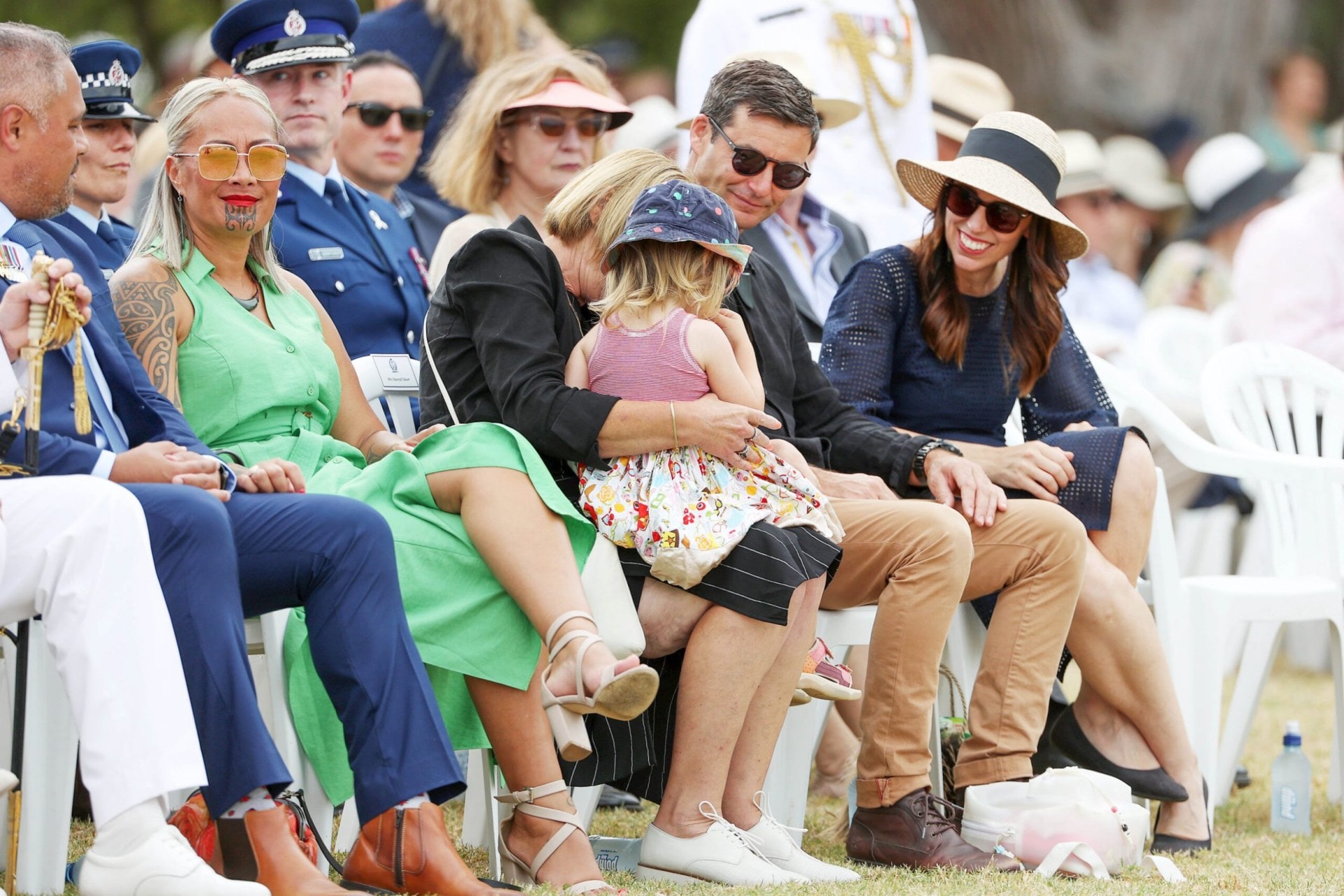 Jacinda Ardern with Clarke Gayford and daughter Neve at Waitangi Day celebrations