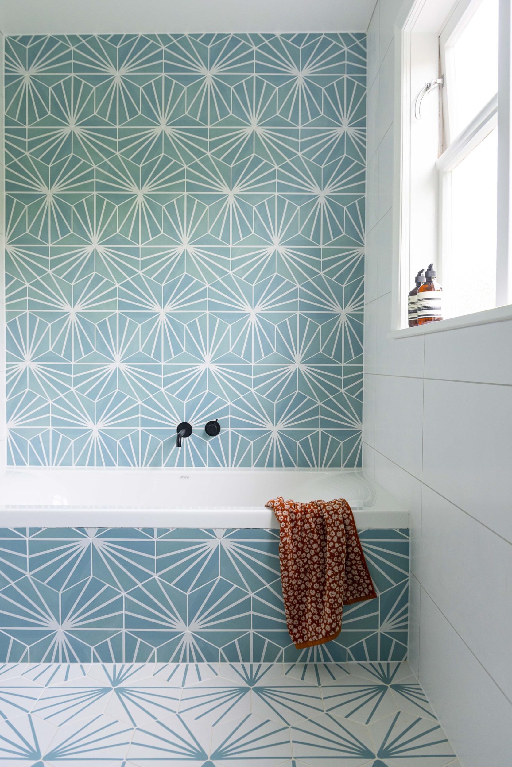 Blue patterned tile bathroom