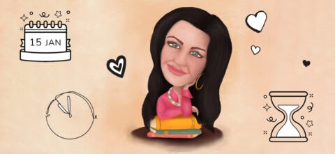 Illustration of Polly Gillespie with a clock, calendar timer around her