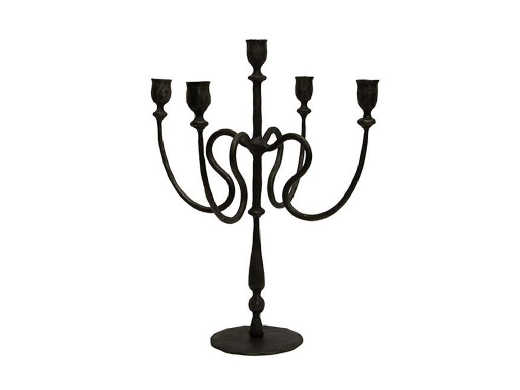 A black iron candelabra with 5 handlestick holders  