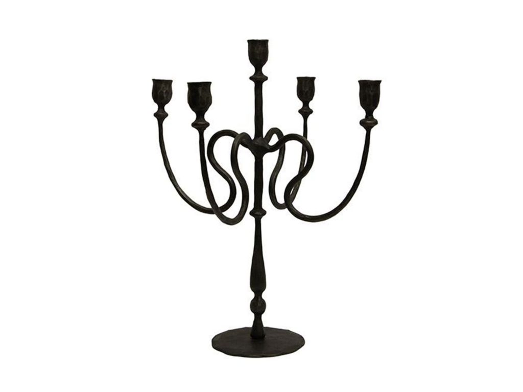 A black iron candelabra with 5 handlestick holders