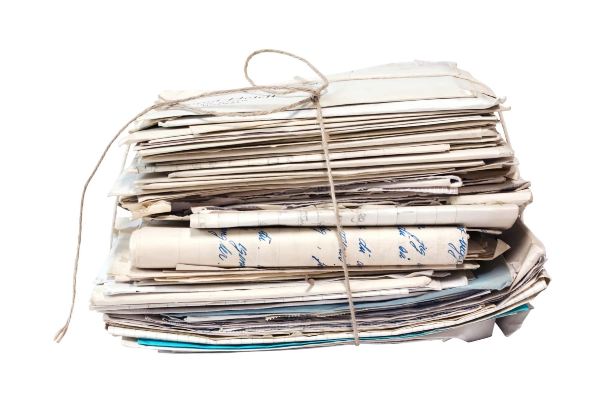 a pile of written notes wrapped with string