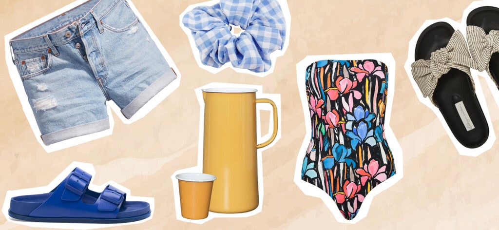 Cut out images of sandals, levi shorts, checkered scrunchie and yellow jog and cup