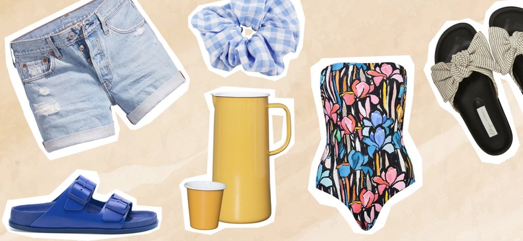 Cut out images of sandals, levi shorts, checkered scrunchie and yellow jog and cup