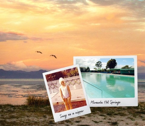 A sunset image with two birds flying and two polaroids of Suzy Cato and Miranda Hot Springs