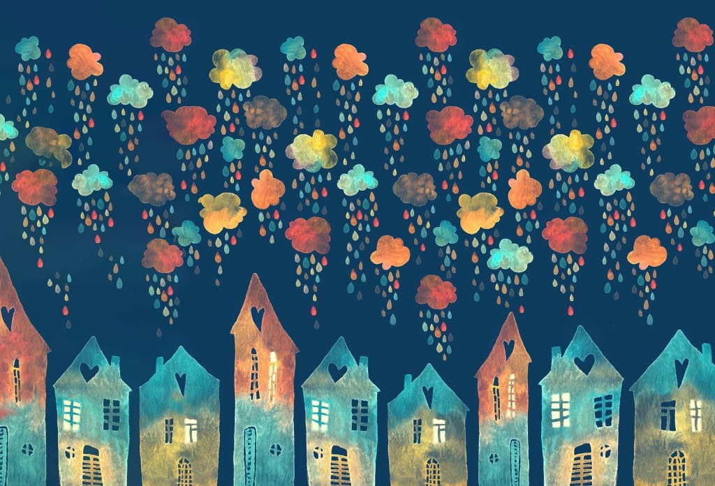 illustration of rain clouds pouring on a group of houses