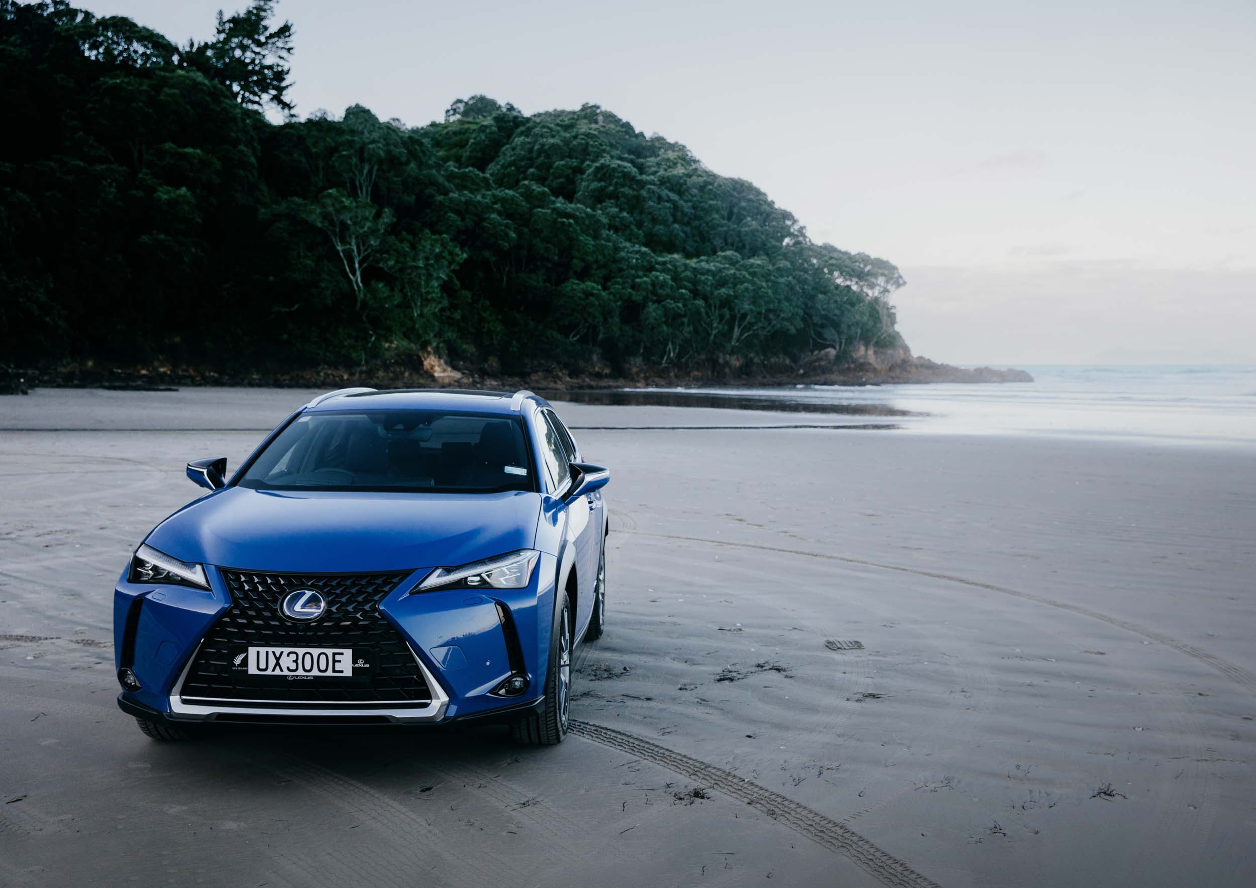 Blue Lexus car parked on a beach