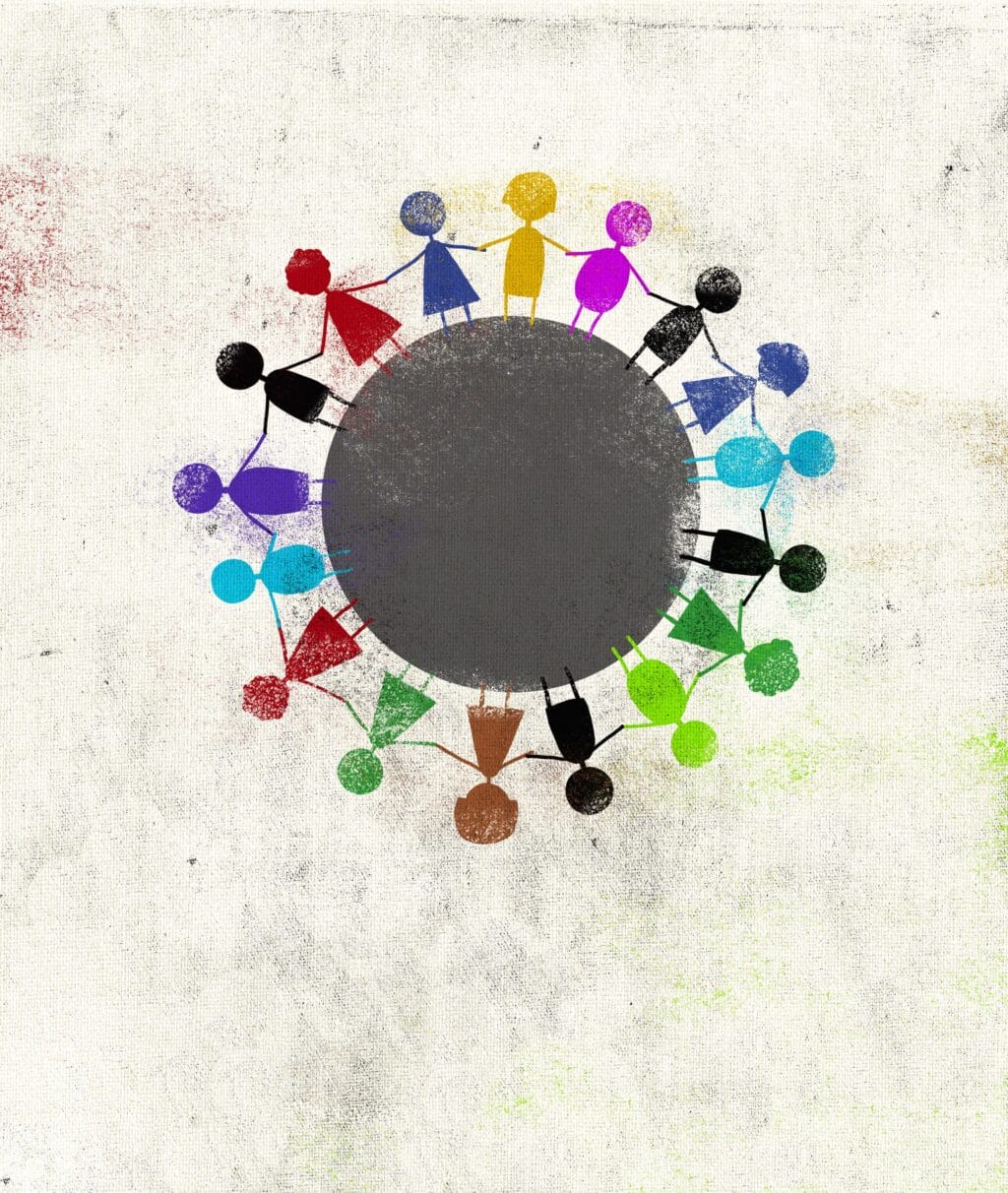 An illustration of a circle and people holding hands around it