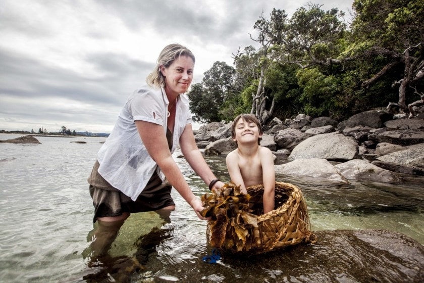 mother and child gathering seaweed on a rocky shore