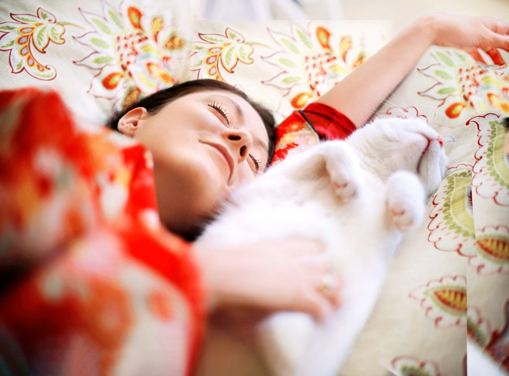 Woman sleeping on bed with white cat